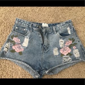 Pink rose embroidered denim shorts